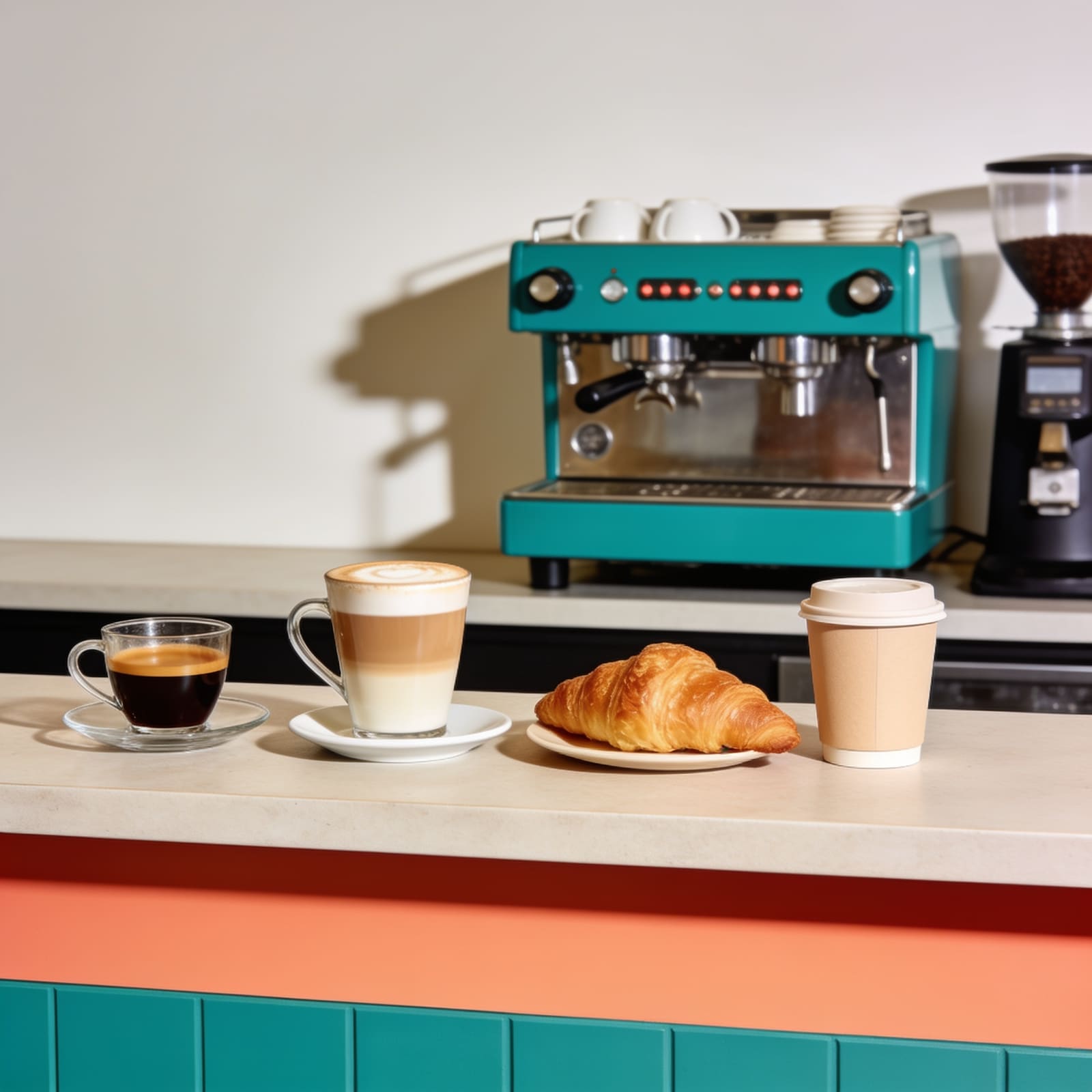 Espresso, cappuccino, cornetto e caffè da asporto sul bancone di una caffetteria